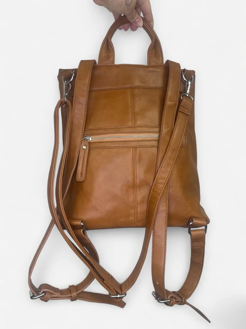 Tan Vegan Leather Fold Over  Backpack